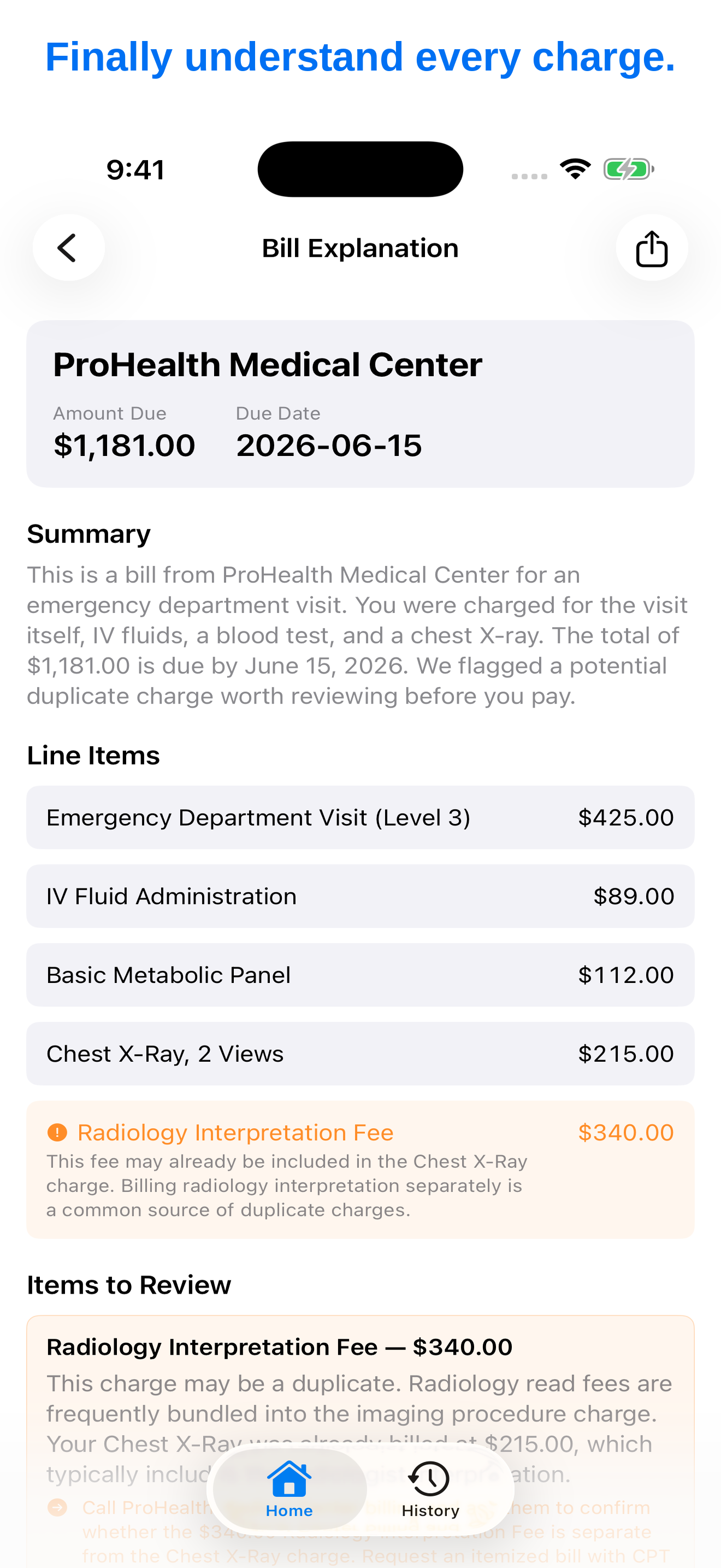 Bill explanation with line items