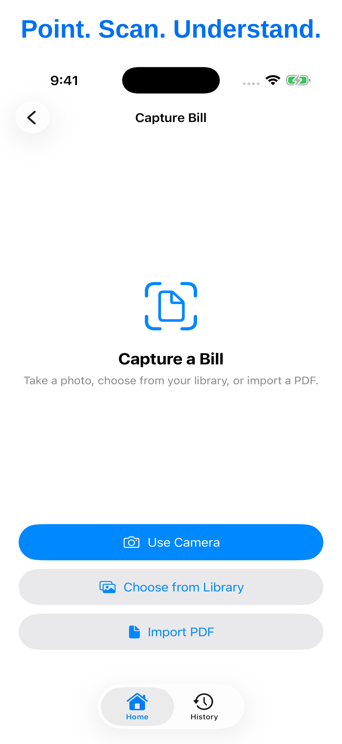 Capture a bill by photo, library, or PDF